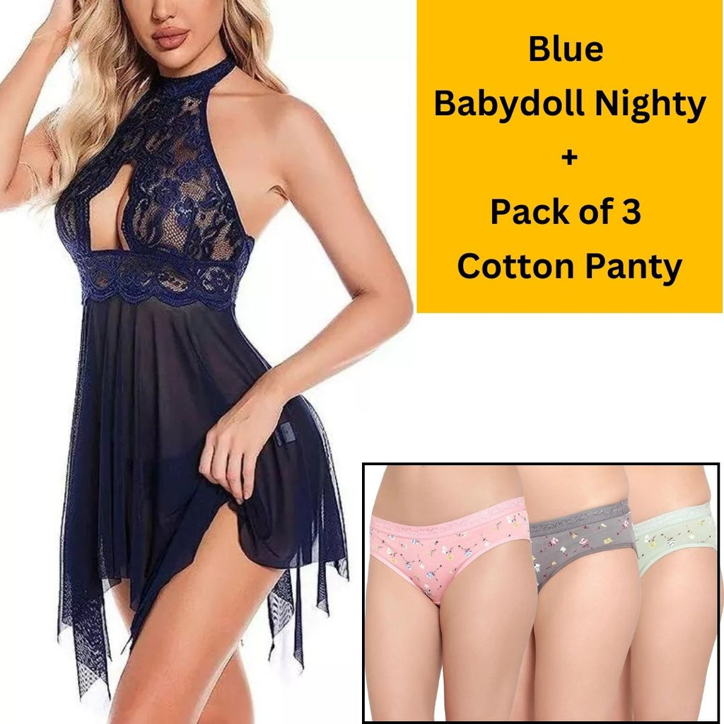 Velvi Figure Combo Sexy Blue Babydoll Nighty & Pack of 3 Cotton Panty