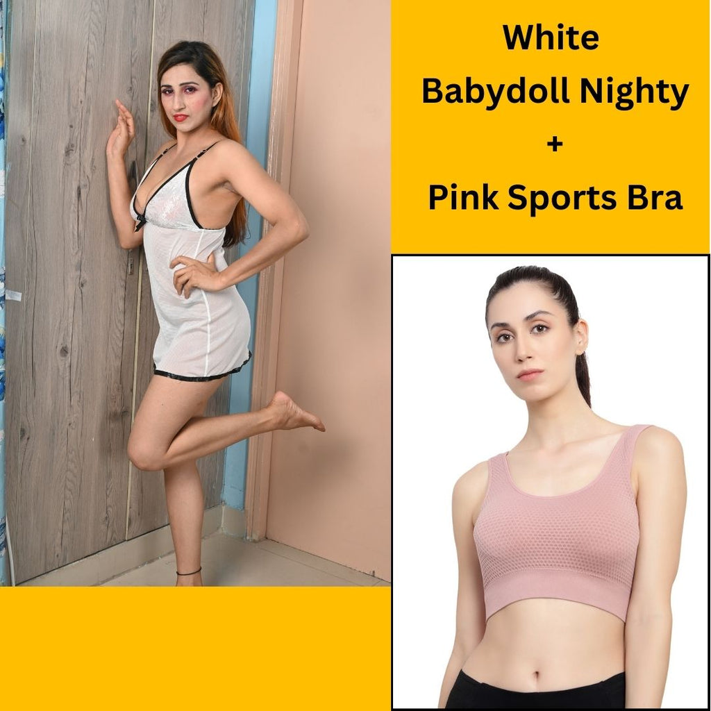 Velvi Figure Combo Sexy White Babydoll Lingerie & Pink Sports Bra