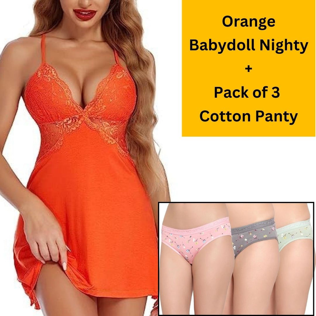 Velvi Figure Combo Sexy Orange Babydoll Nighty & Pack of 3 Cotton Panty