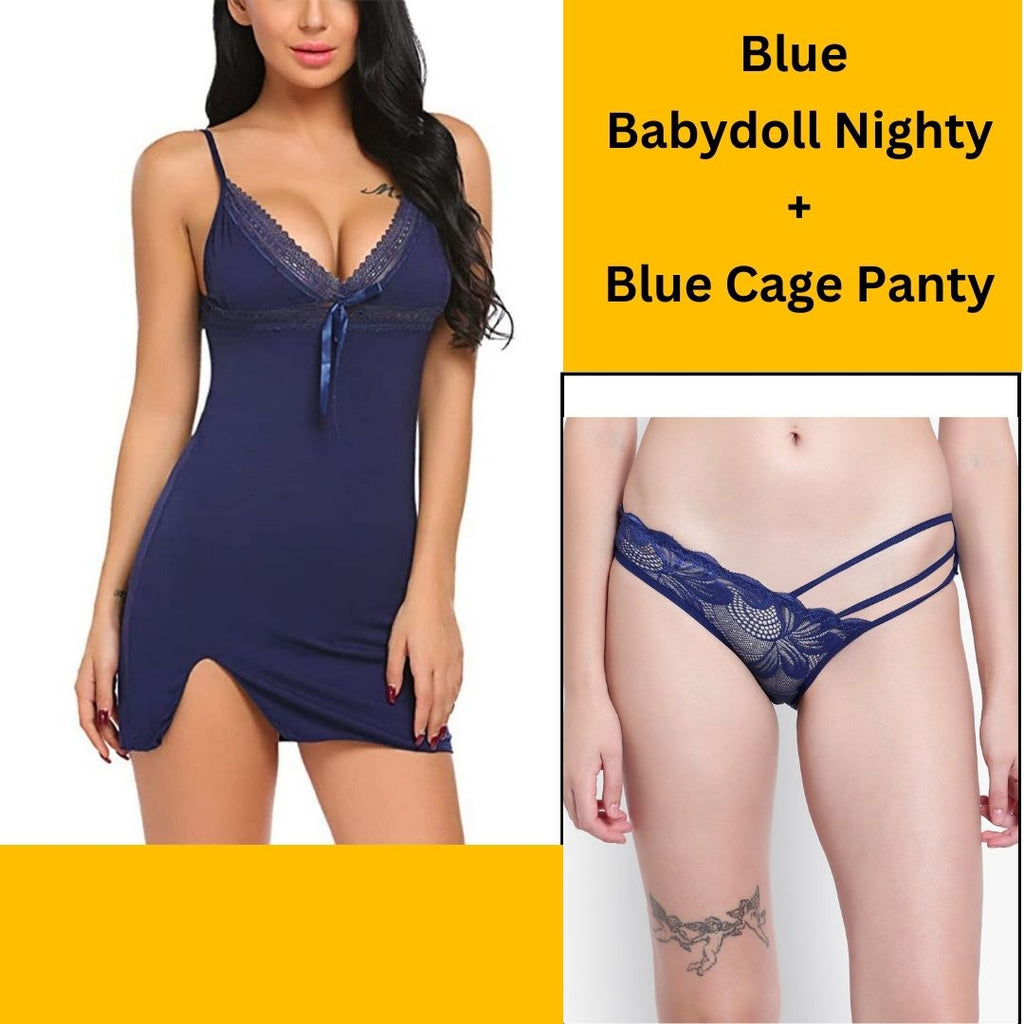 Velvi Figure Combo Sexy lace Blue Babydoll Lingerie &  Cage Panty