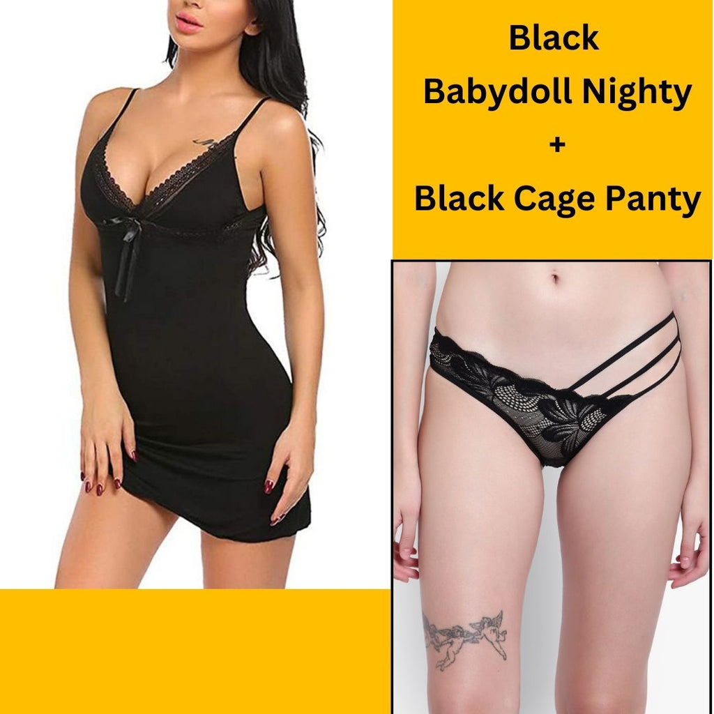 Velvi Figure Combo Sexy lace Black Babydoll Lingerie &  Cage Panty