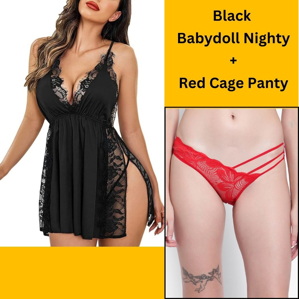 Velvi Figure Combo Sexy Black Babydoll Nighty & Cage Panty