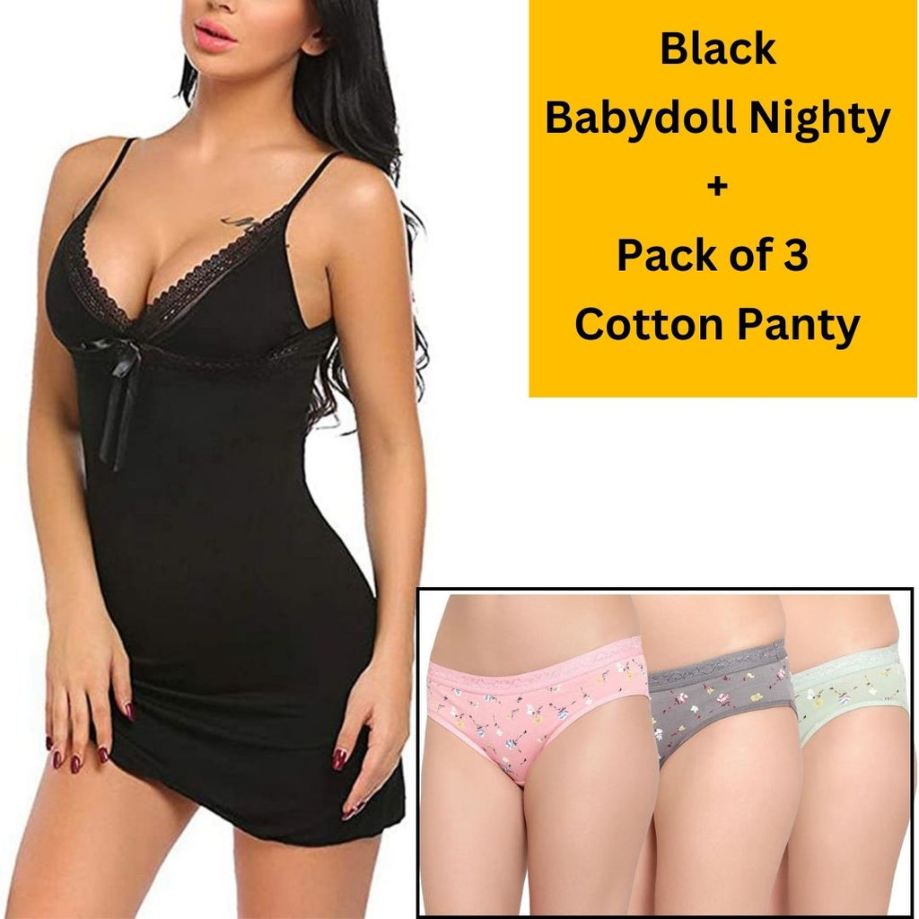 Velvi Figure Combo Sexy Lace Black Babydoll Lingerie & Pack of 3 Cotton Panty
