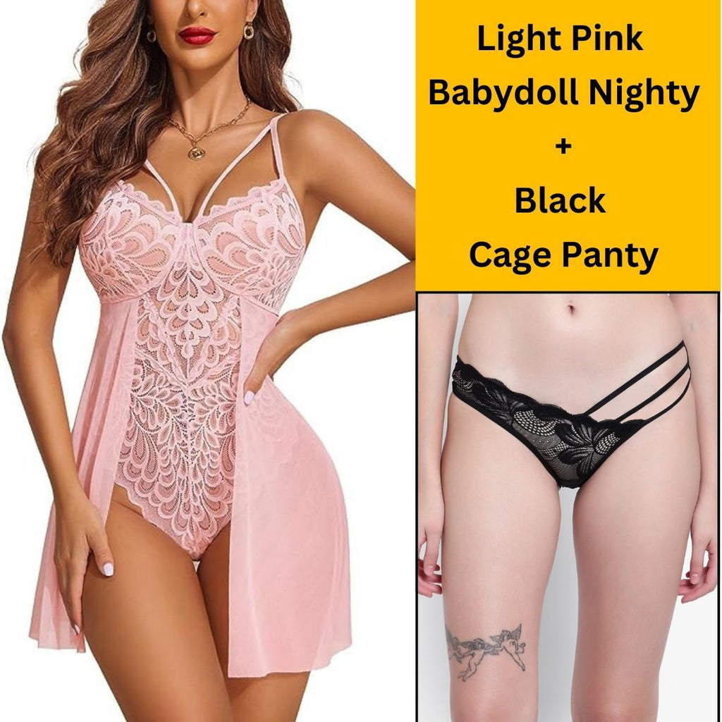 Velvi Figure Combo Sexy Light Pink Babydoll Nighty & Cage Panty( Black)