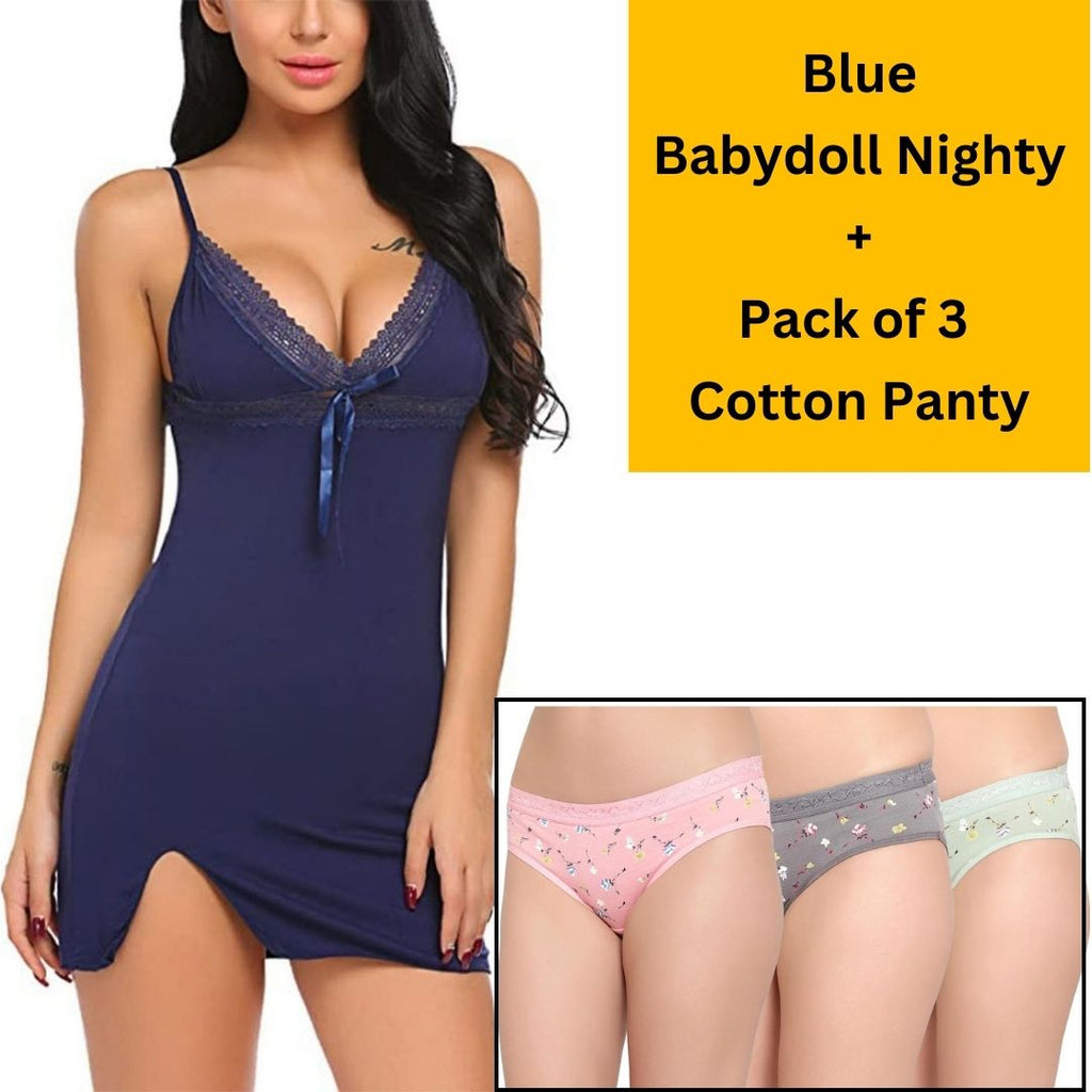 Velvi Figure Combo Sexy Lace Blue Babydoll Lingerie & Pack of 3 Cotton Panty