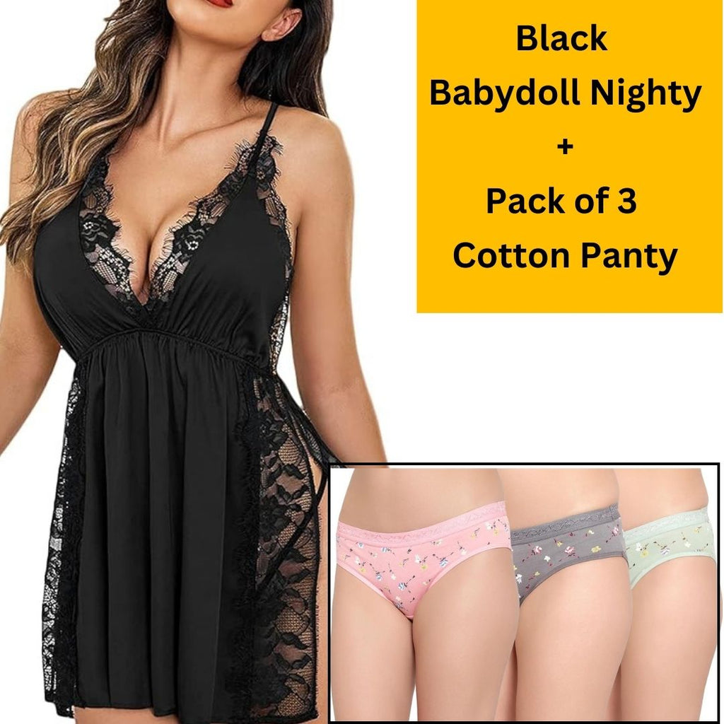 Velvi Figure Combo Sexy Black Babydoll Nighty & Pack of 3 Cotton Panty