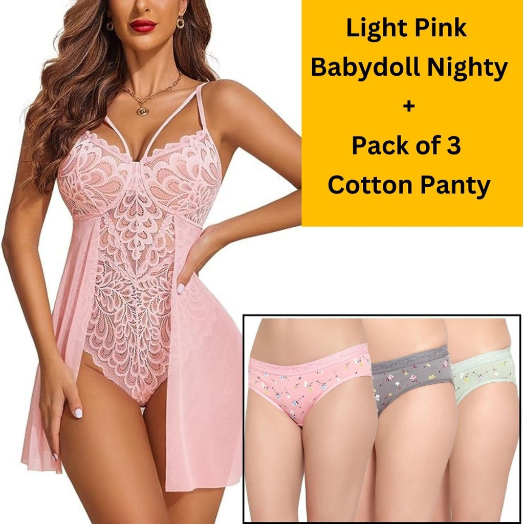 Velvi Figure Combo Sexy Light Pink Babydoll Nighty & Pack Of 3 Cotton Panty
