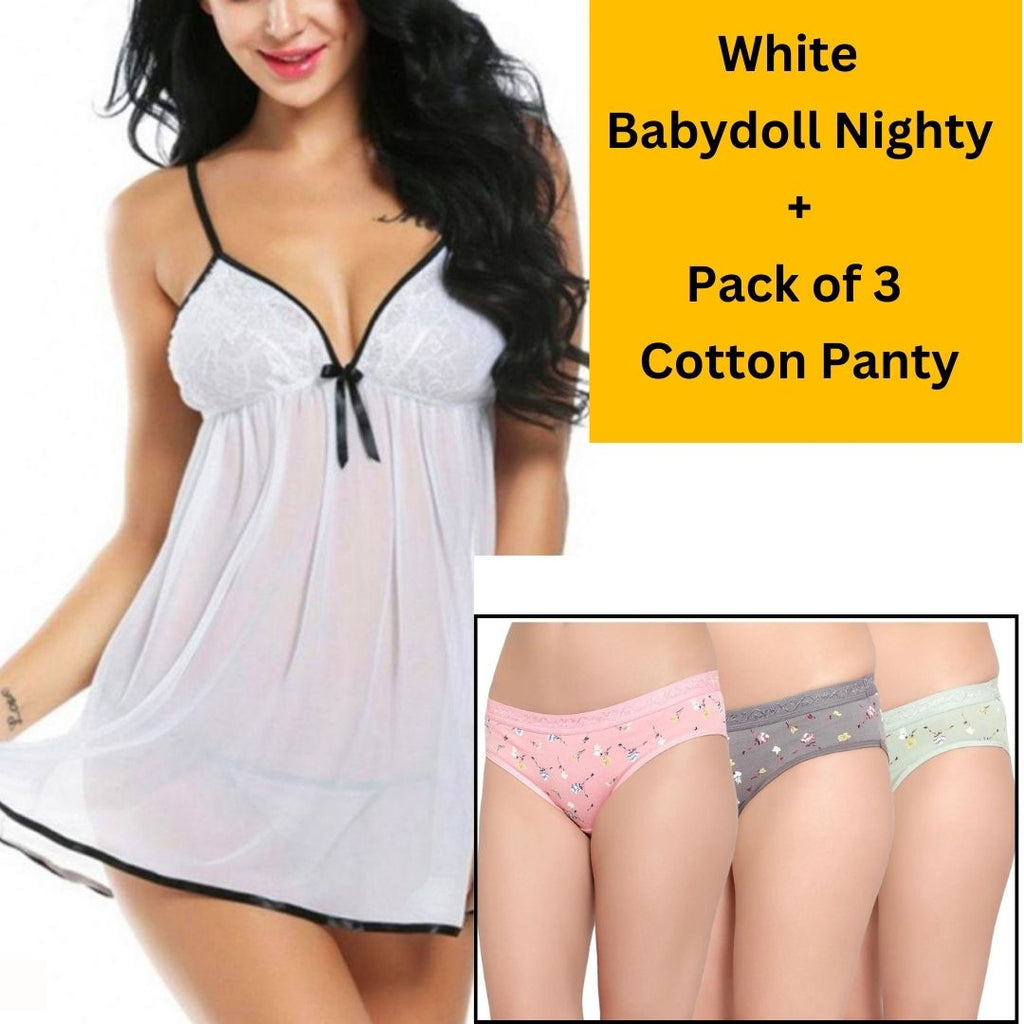 Velvi Figure Combo Sexy White Babydoll Lingerie & Pack of 3 Cotton Panty