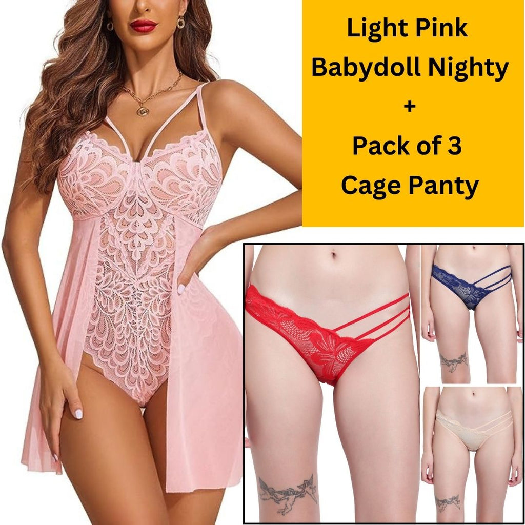 Velvi Figure Combo Sexy Light Pink Babydoll Nighty & Pack Of 3 Cage Panty