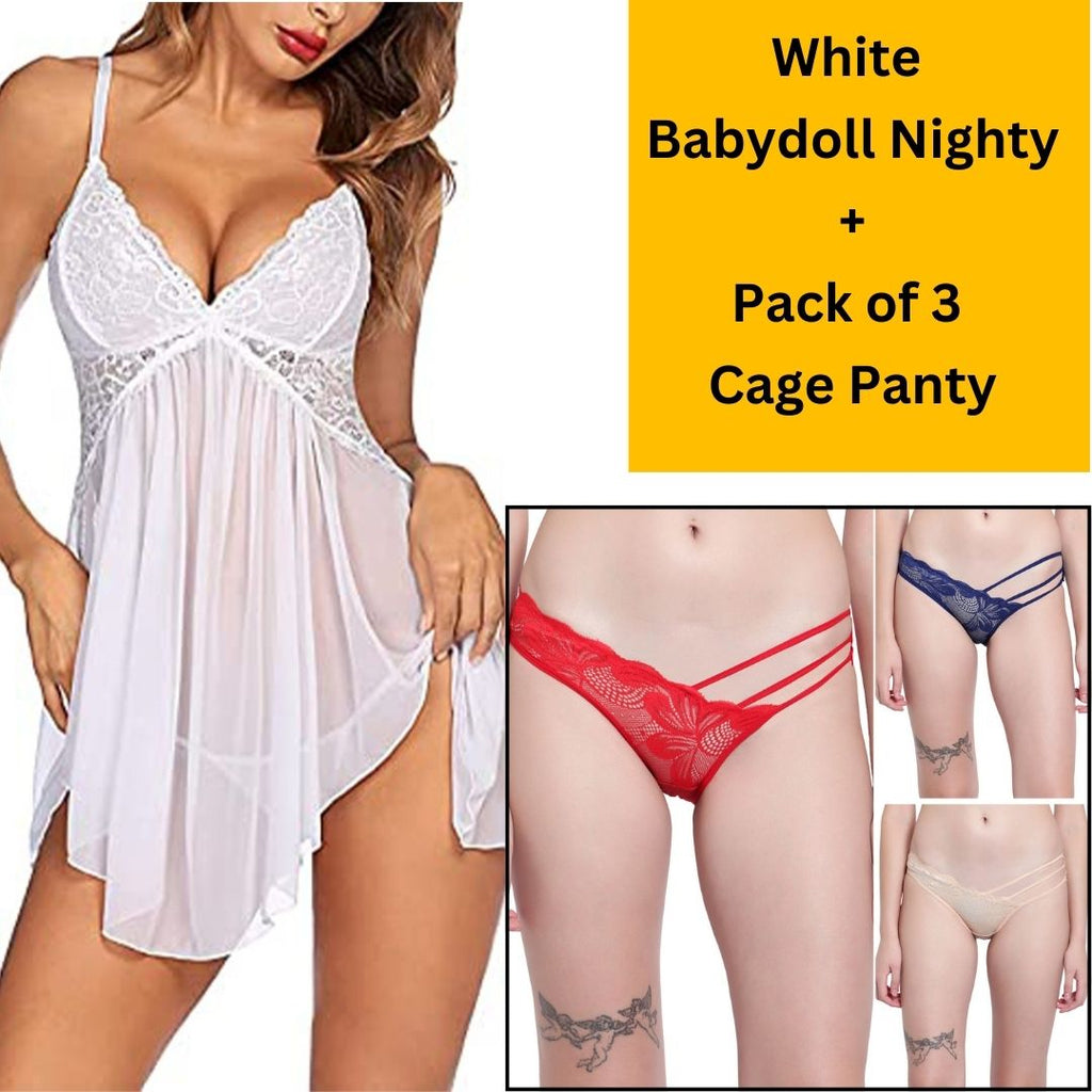 Velvi Figure Combo Sexy White Babydoll Lingerie & Pack of 3 Cage Panty