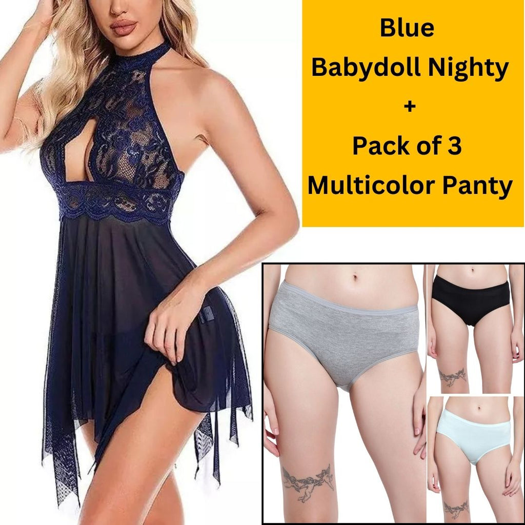 Velvi Figure  Combo Net Sexy Blue Babydoll Nighty &  Pack Of 3 Cotton Panty