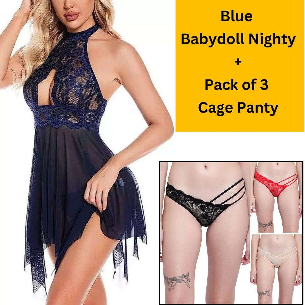 Velvi Figure Combo  Net Sexy Blue Babydoll Nighty &  Pack of 3 Cage Panty