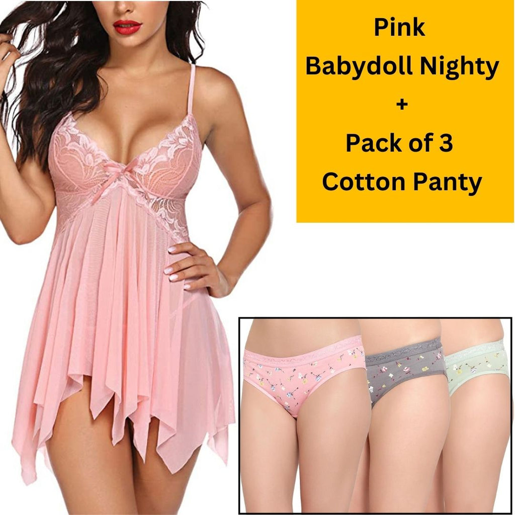 Velvi Figure Combo Sexy Pink Babydoll Lingerie & Pack of 3 Cotton Panty