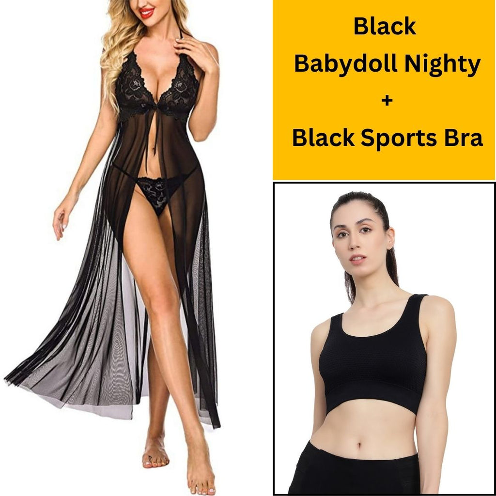 Velvi Figure Combo  Net sexy Black Babydoll Lingerie & Black Sports Bra