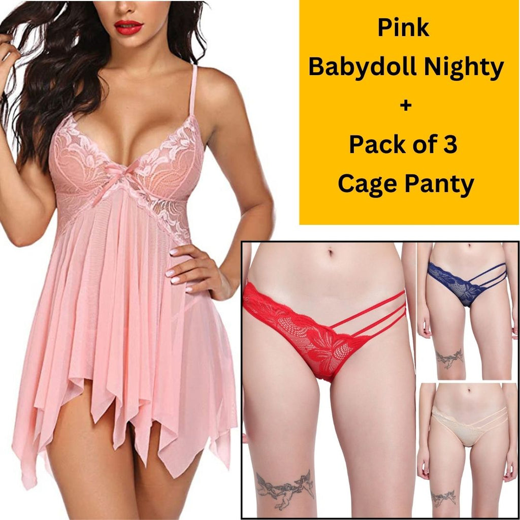 Velvi Figure Combo Sexy Pink Babydoll Lingerie & Pack of 3 Cage Panty