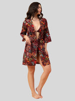 Velvi Figure Satin Robe Set with Wine Bikini - Floral Print