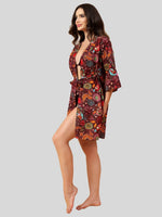 Velvi Figure Satin Robe Set with Wine Bikini - Floral Print