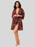 Velvi Figure Satin Robe Set with Wine Bikini - Floral Print