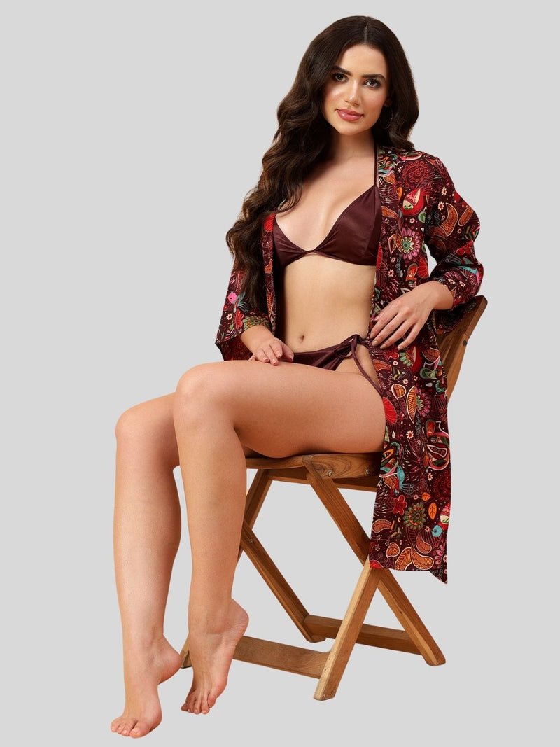 Velvi Figure Satin Robe Set with Wine Bikini - Floral Print