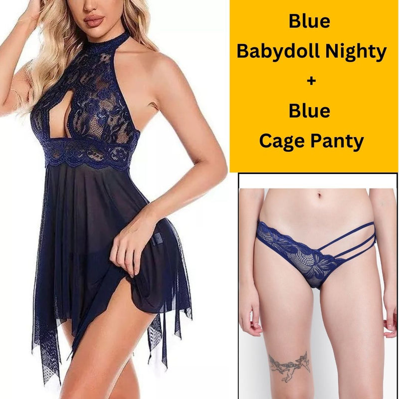 Velvi Figure Combo Sexy Blue Babydoll Nighty & Cage Panty (Blue)