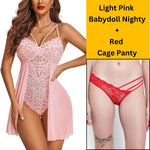 Velvi Figure Combo Sexy Light Pink Babydoll Nighty & Cage Panty (Red)