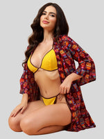 Velvi Figure Satin Robe Set with Yellow Bikini - Floral Print