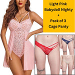 Velvi Figure Combo Sexy Light Pink Babydoll Nighty & Pack Of 3 Cage Panty