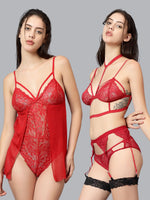 Velvi Figure Sexy Red Babydoll Nighty & Garter Belt Pack of 2