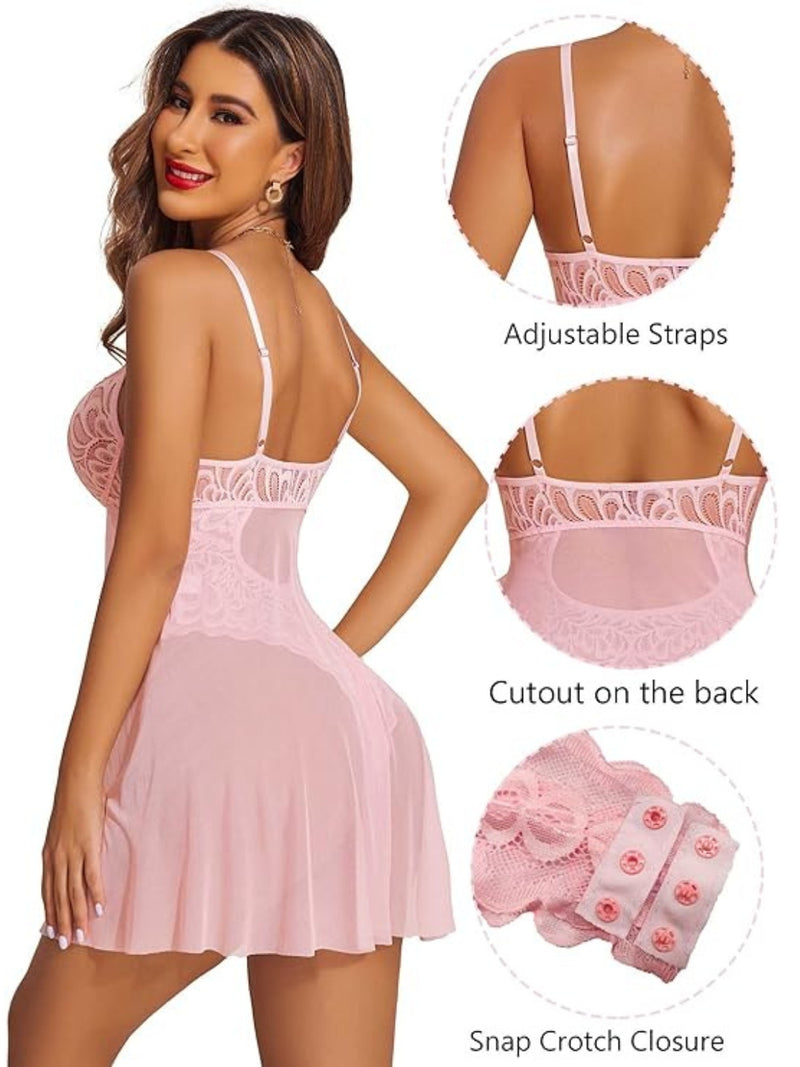 Velvi Figure Combo Sexy Light Pink Babydoll Nighty & Cage Panty( Black)