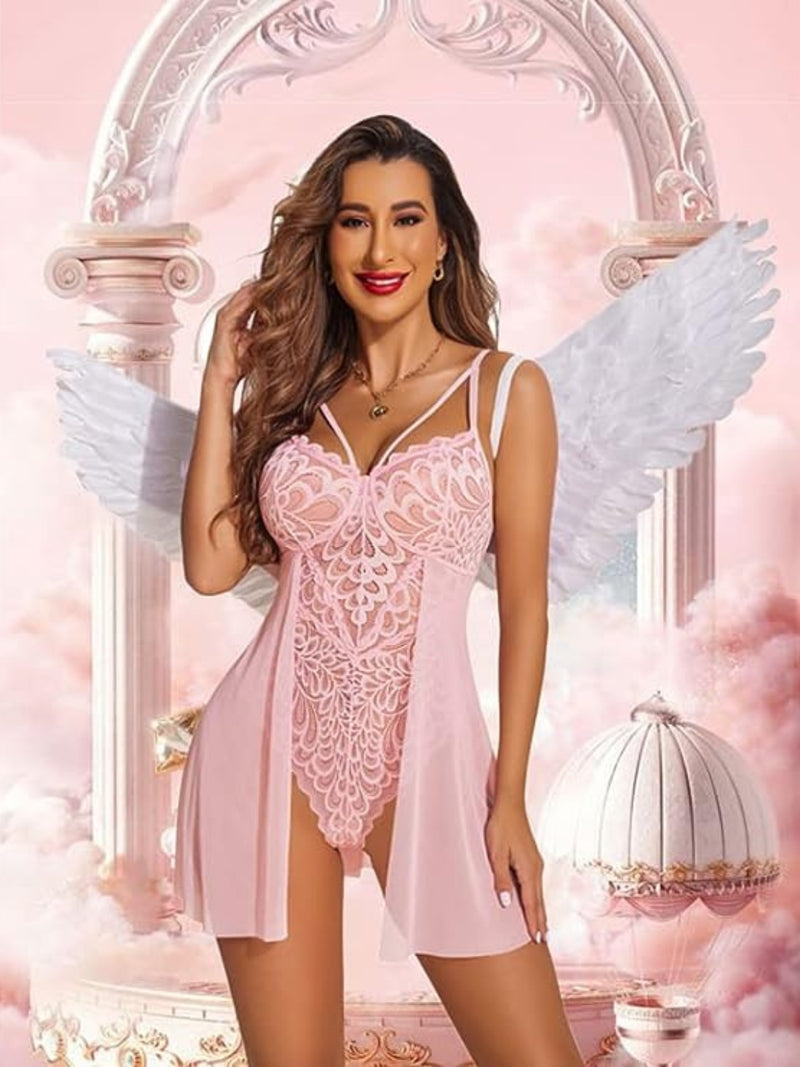 Velvi Figure Combo Sexy Light Pink Babydoll Nighty & Cage Panty( Black)