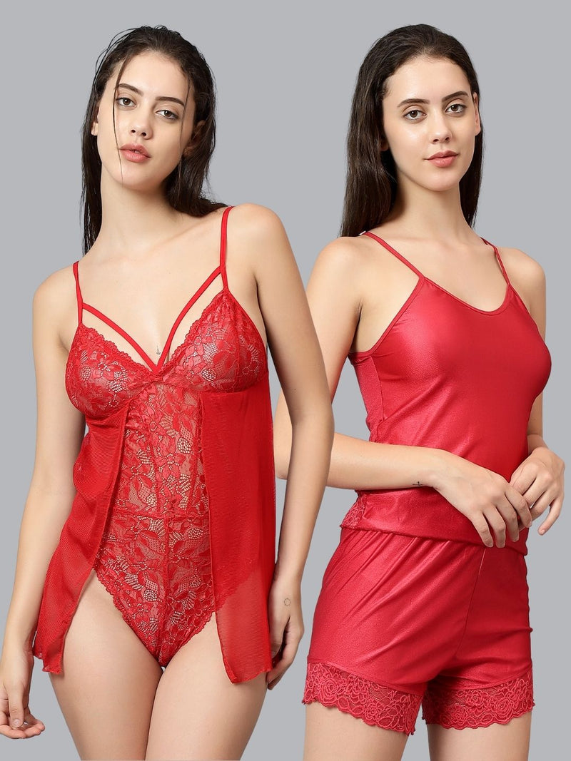 Velvi Figure Red Sleepwear & Red Babydoll Nighty Pack of 2