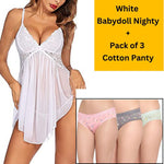 Velvi Figure Combo Sexy White Babydoll Lingerie & Pack of 3 Cotton Panty