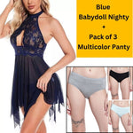 Velvi Figure  Combo Net Sexy Blue Babydoll Nighty &  Pack Of 3 Cotton Panty