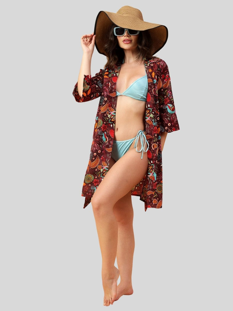 Velvi Figure Satin Robe Set with Blue Bikini - Floral Print