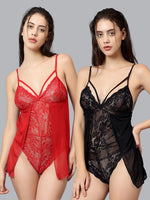 Velvi Figure Sexy Red & Black Babydoll Nighty Pack of 2